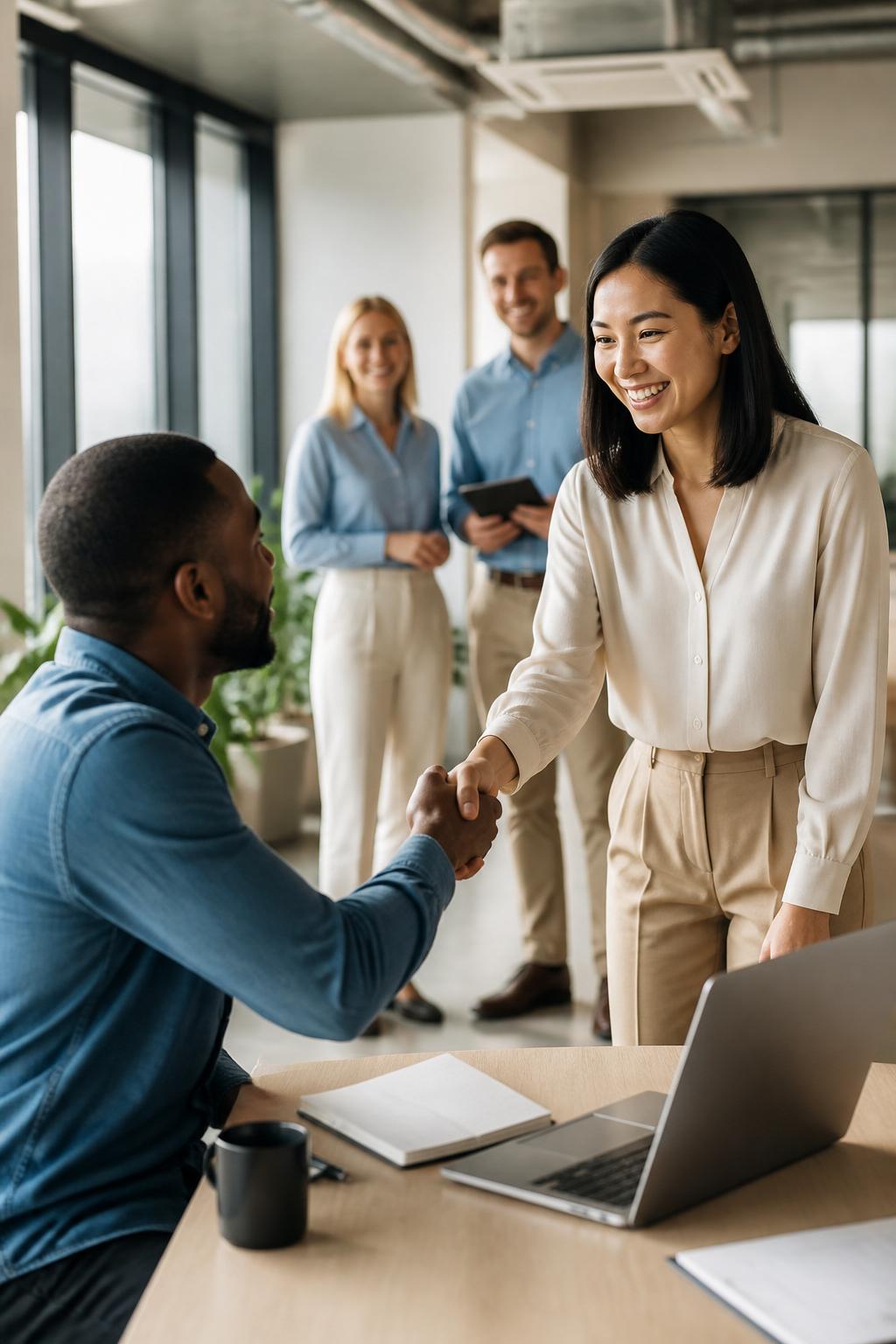 Un manager serre la main d'une nouvelle collaboratrice lors de son onboarding